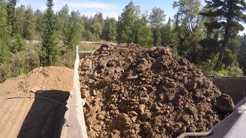 Soil transportation, unloading, road works Stock Footage 96579343