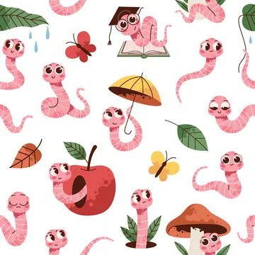 Soil worm characters seamless pattern. Funny earthworms with apple, mushroom and Stock Illustration