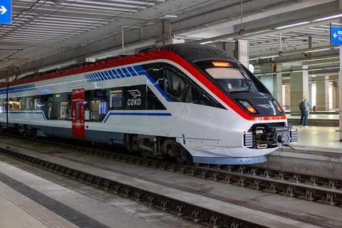 Soko high-speed passenger train at Belgrade Centre railway station in Proko.. Stock Photos