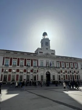 Sol With Sol:Puerta del Sol Clock Tower Silhouetted by Sunlight Stock Photos