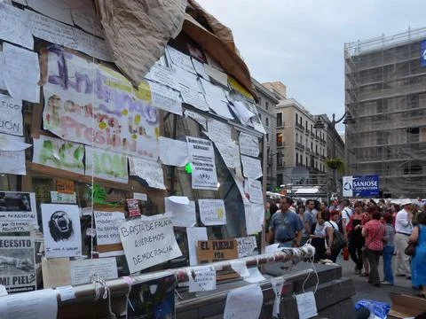 Sol station in Madrid full of protest banners. 15M Stock Photos