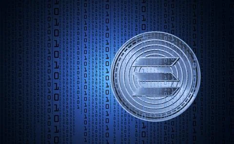 Solana digital cryptocurrency, sign binary code number. Background binary c.. Stock Illustration