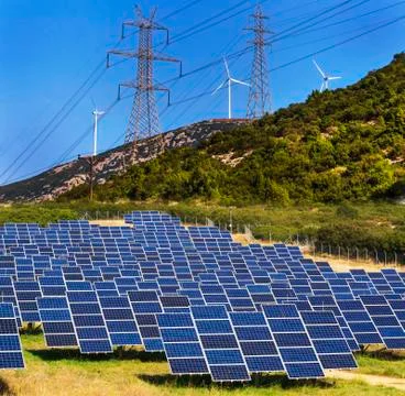 Solar and wind electricity generators Stock Photos