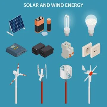 Solar and wind energy generation. Electrical equipment. Vector set. Stock Illustration