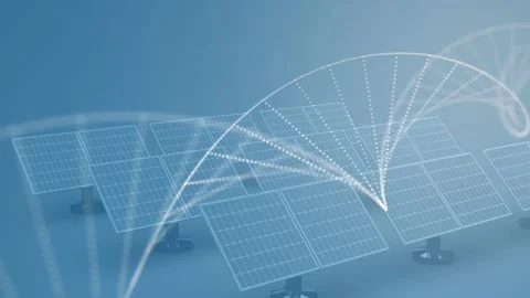 Solar array in blue studio, particle field emerging and forming helix and Stock-Footage 331821050