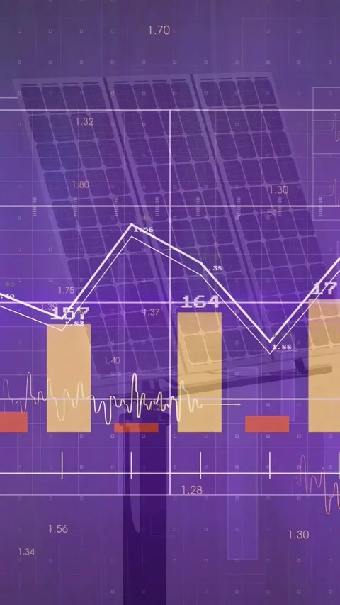 Solar array staying still while live data animating yellow and red bars, white Stock-Footage 334187121