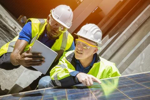 Solar cell engineer teamwork working together to install and check solar pane Fotos de archivo