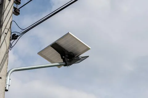 Solar cell panel and LED street light Stock Photos