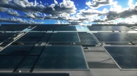 Solar cells panels under the sun sky and cloud reflection. Green power, ecology Stock Illustration