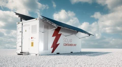 Solar container unit. 3d rendering concept of a white battery energy storage. 库存插图