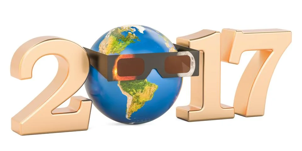 Solar Eclipse 2017 concept, Earth Globe with solar eclipse glasses. 3D render Stock Illustration