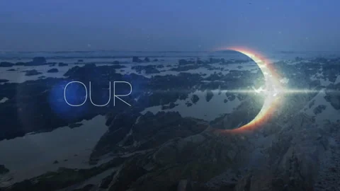 Solar eclipse 3D render being visualized on rocky seashore, with glowing Stock Footage 307884407