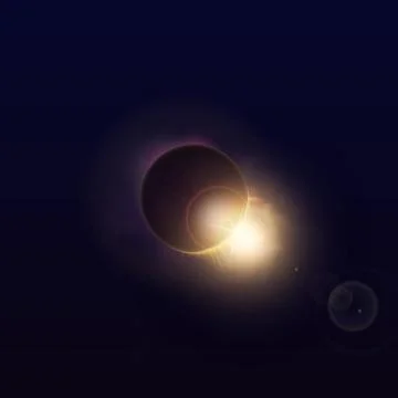 A solar eclipse with a bright halo, light effects, and flares on a black Stock Illustration