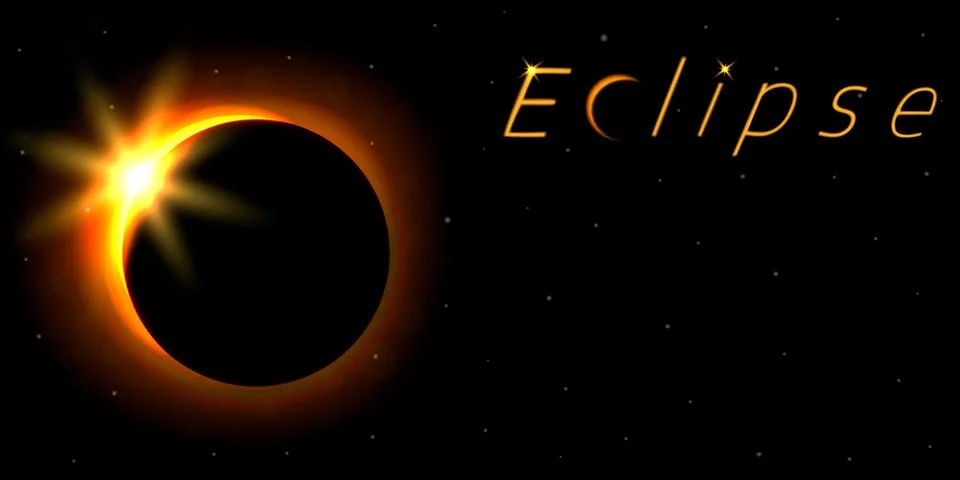 Solar eclipse card with text. Astronomical phenomenon of the closing of the s Stock Illustration