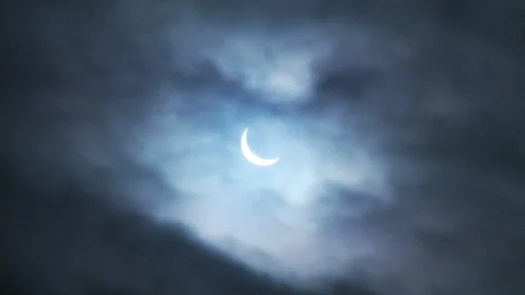 Solar Eclipse in a cloudy blue sky Stock Footage 112496912