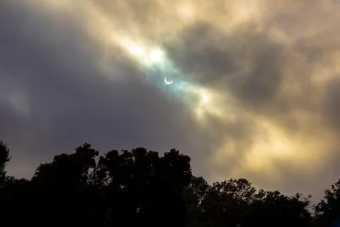 Solar Eclipse with cloudy glow &amp; god rays silhouetted against the treetops Stock Photos