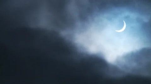 Solar Eclipse in a cloudy sky top right of the screen Stock Footage 112539657