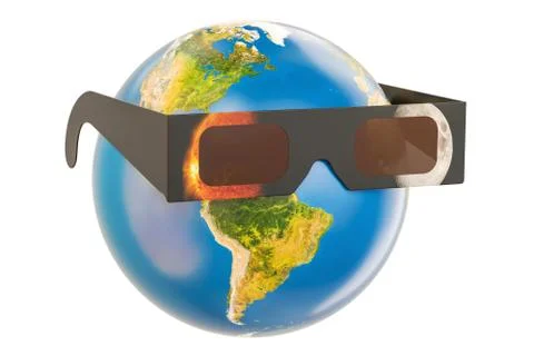 Solar Eclipse concept, Earth Globe with solar eclipse glasses. 3D rendering Stock Illustration