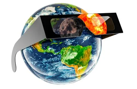 Solar Eclipse, concept. Earth Globe with solar eclipse glasses. 3D rendering Stock Illustration