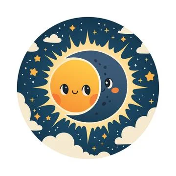 Solar Eclipse Cute illustration in flat cartoon style for kids education at 스톡 일러스트