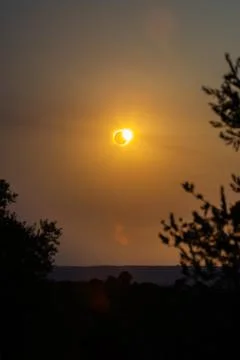 Solar eclipse diamond ring effect over Lleida, Spain Stock Photos
