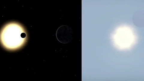 Solar Eclipse - Dual View - Vantage point from Earth and from space Stock Footage 75652614