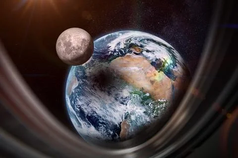 Solar eclipse on Earth viewed through a spaceship window. Stock Photos