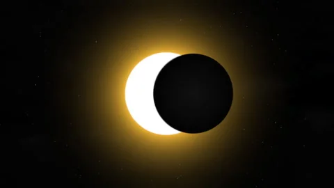 As solar eclipse enters totality, stars become visible in the background. Moon Stock Footage 281577435