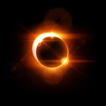Solar eclipse with glowing yellow rays and highlights on a black isolated Stockillustratie