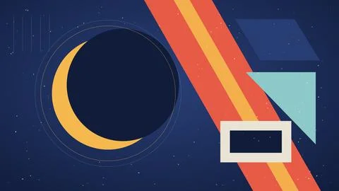 Solar eclipse graphic with geometric shapes and diagonal lines on dark spac.. Stock Illustration