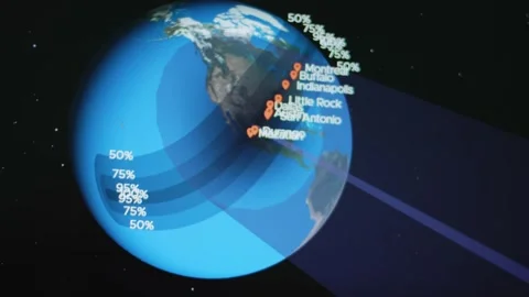 Solar eclipse. Graphic presentation of Earth from space and cities where there Stock Footage 272806571