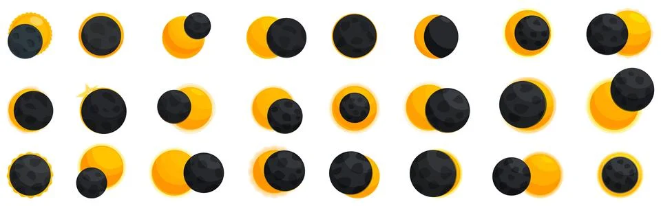 Solar eclipse icons set. Solar eclipse phases with moon covering sun icons set Stock Illustration
