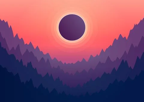 Solar eclipse in nature with mountain. Moon shading sun. Eclipse phase with Ilustração Stock