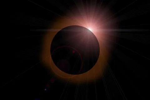 Solar eclipse with orange halo on black sky background Stock Photos