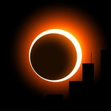 A solar eclipse over the city. The crown of the sun is visible around the moo Stock Illustration