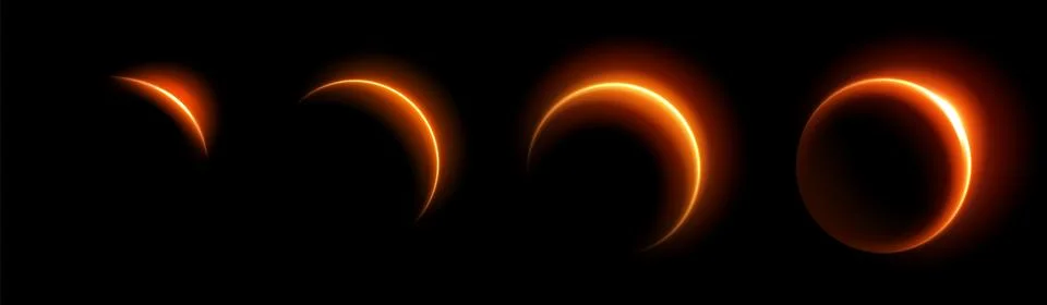 Solar eclipse phases with glowing neon orange ring Stock Illustration