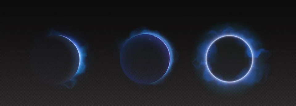 Solar eclipse phases with luminous blue circles Ilustração Stock