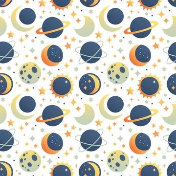 Solar Eclipse seamless pattern in flat cartoon style for kids education at Illustrazione stock