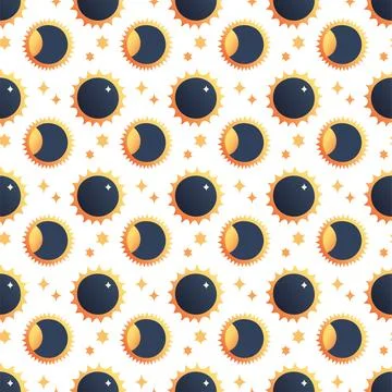 Solar Eclipse seamless pattern in flat cartoon style for kids education at Stock Illustration