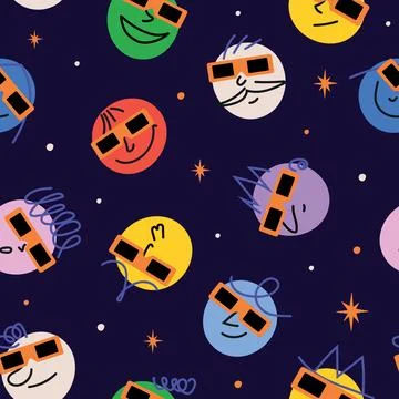 Solar Eclipse Seamless Pattern with Round Abstract Faces Wearing Glasses fo.. Stock Illustration