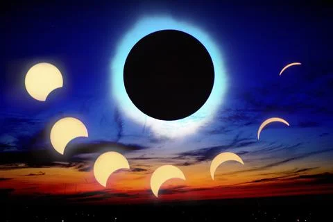 Solar Eclipse Sequence with Corona Effect over Spiceland Sky Stock Photos