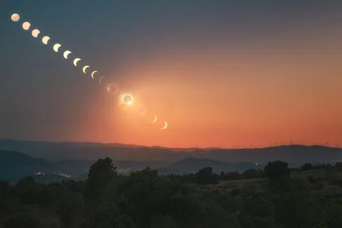 Solar Eclipse Sequence over Wind Turbines Landscape 스톡 사진