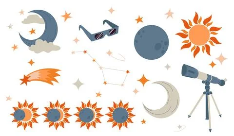 Solar eclipse set, astronomy concept. Illustration of solar eclipse stages, m Stock Illustration
