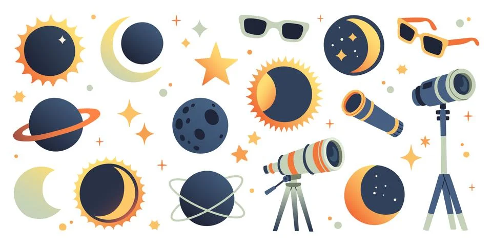 Solar Eclipse set. Cute illustration in flat style for kids education at school Stock Illustration