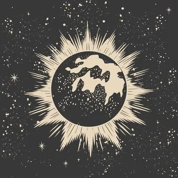 Solar eclipse, Shining planet with rays of light against a black cosmic star Stock Illustration