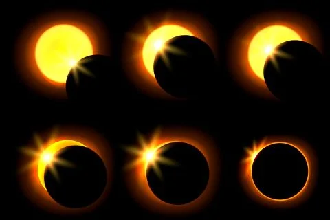 Solar eclipse in six different phases. Astronomical phenomenon of the closing Stock Illustration
