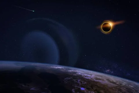 Solar Eclipse on Starry Sky Solar eclipse with orange halo over the planet... Stock Photos