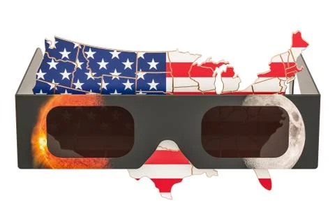 Solar Eclipse in USA concept, American map with solar eclipse glasses. 3D ren Stock Illustration