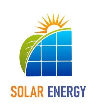 Solar energy icon with sun rays and solar panels Stock Illustration