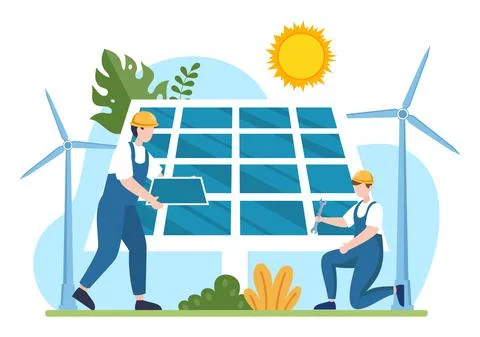 Solar Energy Installation, Panel or Wind Turbine Maintenance with Home Servic Stock Illustration